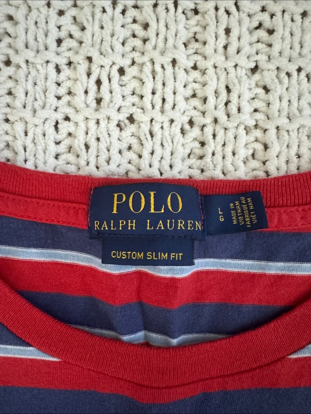 Polo by Ralph Lauren Red, Navy & White Striped Crew Neck Tee